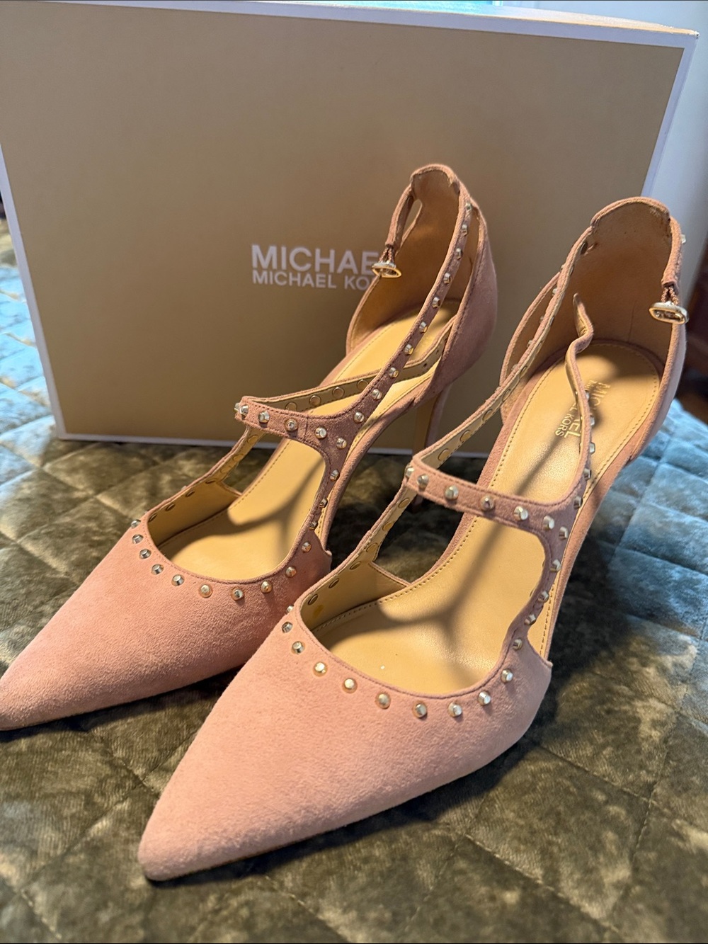 Michael Kors Blush Pink Studded T-Strap Pointed Suede Heels